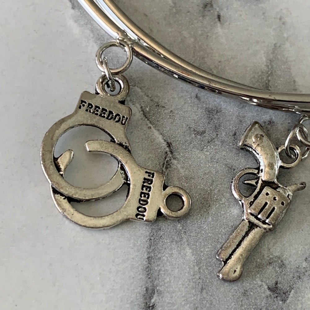 Silver Freedom Handcuff and Gun Charm Bracelet